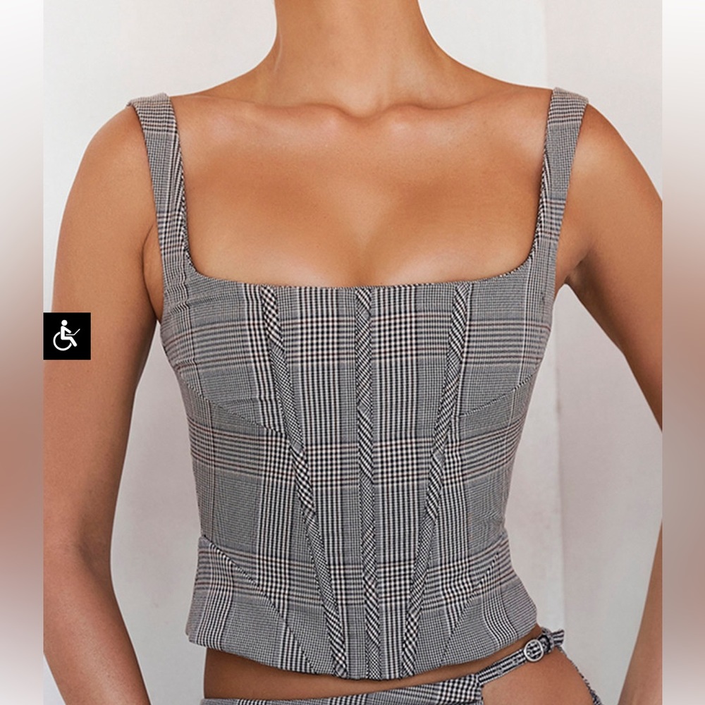 House of CB - MISTRESS ROCKS - MONOCHROME SQUARE NECK CHEQUERED CORSET XS